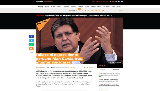Alan García falleció este miércoles en el hospital Casimiro Ulloa. (Captura: Sputnik - Rusia)