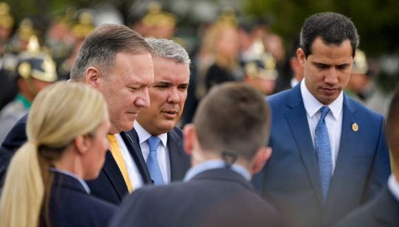 Secretario de Estado de EE.UU., Mike Pompeo, presidente de Colombia, Iván Duque y Juan Guaidó, quien es reconocido por más de 50 países como presidente interino de Venezuela. (Foto: AFP)