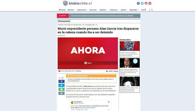 Alan García falleció este miércoles en el hospital Casimiro Ulloa. (Captura: BioBio - Chile)