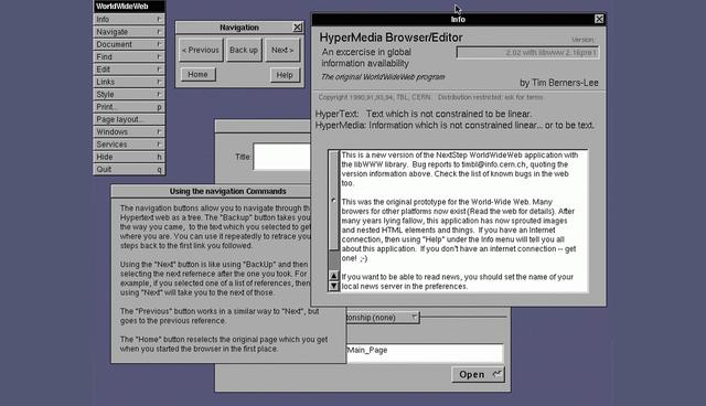 FOTO 6 | 1990
World Wide Web
Primer sitio web, publicado
por el CERN. Invención del
lenguaje HTML, del protocolo
de transferencia de hipertexto
(HTTP), de las direcciones
(URL) y de un programa de
consultación (navegador)