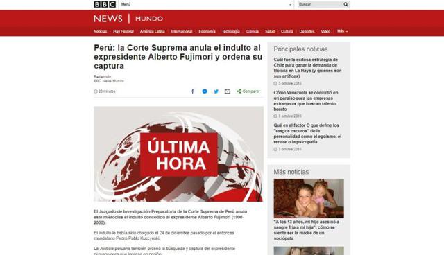 "Corte Suprema anula el indulto al ex presidente Alberto Fujimori y ordena su captura", informó BBC. (Foto: BBC)