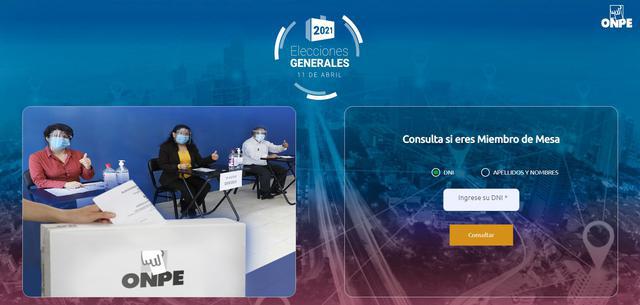 Página web habilitada por la ONPE donde podrás consultar su fuiste elegido miembro de mesa (Foto: ONPE).