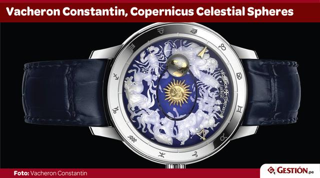 La esfera de esmalte Grand Feu grabado a mano es solo una parte de lo que hace a este reloj tan hermoso. El atractivo también lo proporciona el mecanismo, que fue diseñado en honor a Nicolás Copérnico y su teoría de que la Luna gira en torno a la Tierra, 