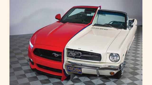 Al ver la escultura se puede comparar características y detalles de diseño y tecnología de ambas generaciones, desde la radio AM, ventanilla manual, ventilación y cinturones de seguridad disponibles en 1965 hasta la pantalla táctil y detalles tecnológicos