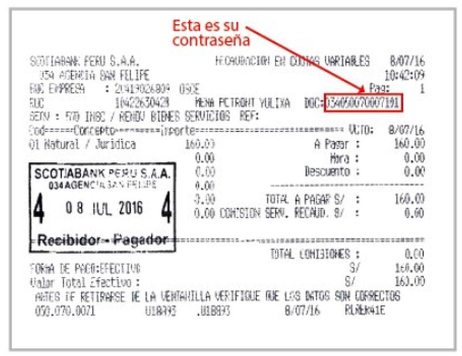 Esta es su clave para inscribirse en el RNP. El vóucher de la imagen es el emitido por Scotiabank. La ubicación de la clave varía de acuerdo a la entidad bancaria elegida (Foto: OSCE)