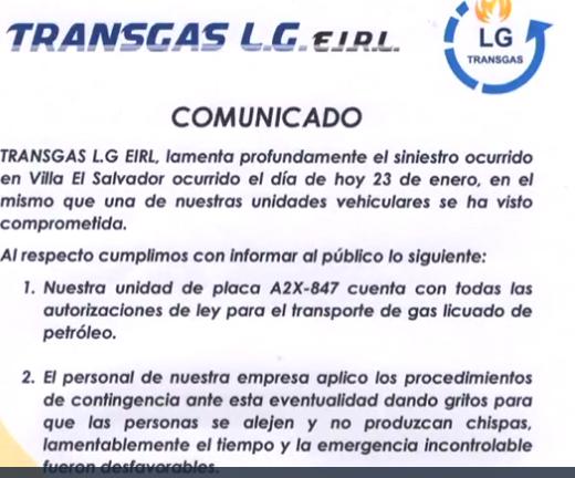 Empresa Transgas lamentó la explosión de su camión cisterna.