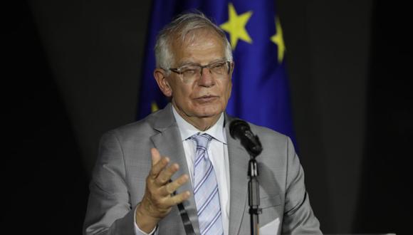 El alto representante de la Unión Europea para Asuntos Exteriores y Política de Seguridad, Josep Borrell, habla durante una rueda de prensa hoy, en la Cancillería de Ciudad de Panamá (Panamá).