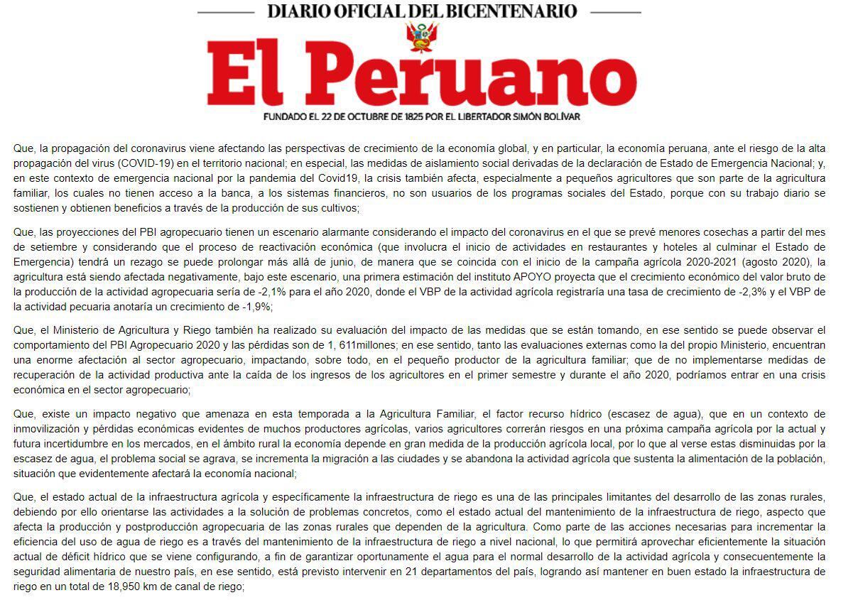 Considerandos del Decreto de Urgencia Nº 041-2020. (Foto: Captura)