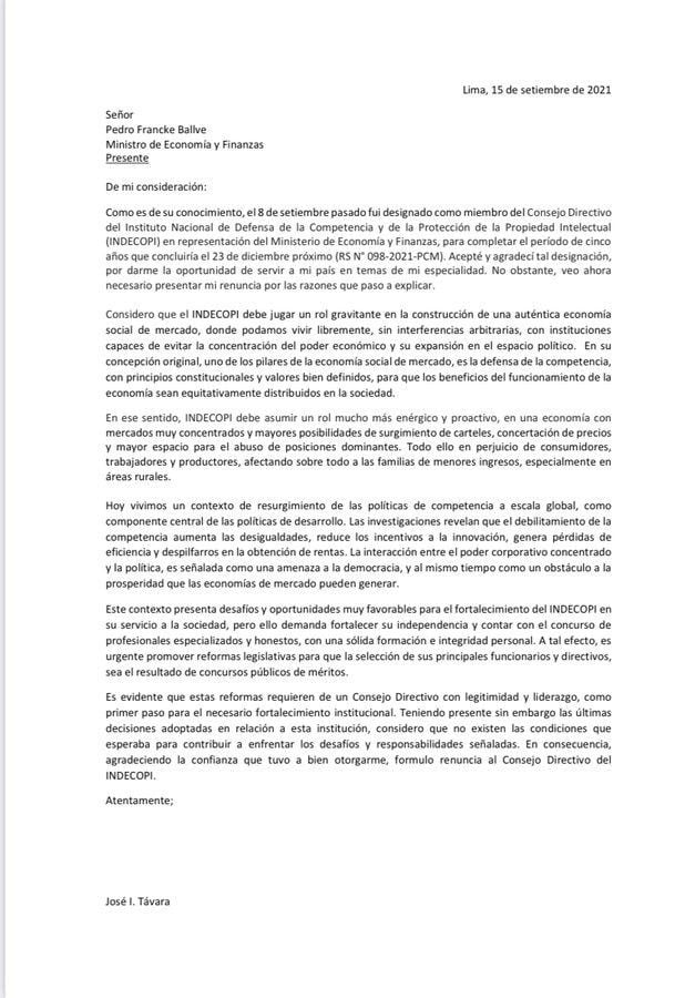 Carta de renuncia de José Távara. (Foto: Indecopi)