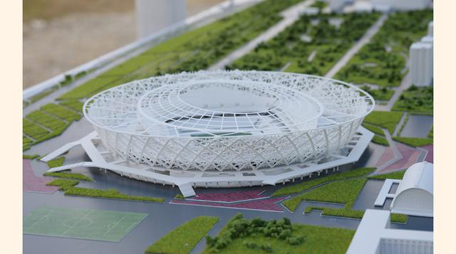 Maqueta del nuevo estadio Pobeda (que significa "victoria") en Volgogrado. Además de esta ciudad, Kaliningrado, Saransk y Ekaterimburgo no albergarán partidos después de la fase de grupos. (Foto: Reuters)