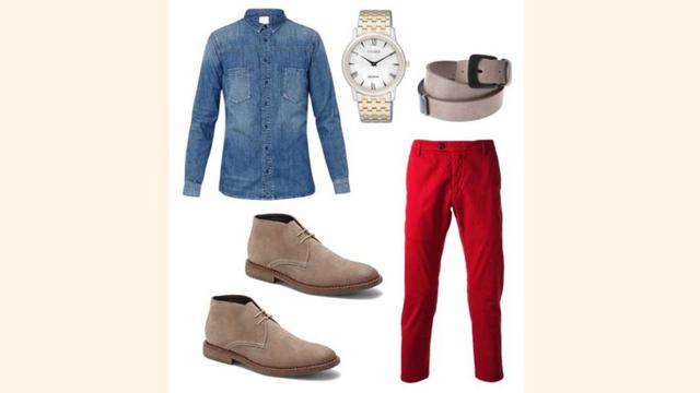 Casual2: El color rojo rompe toda regla en este look. La camisa de jean le da un toque urbano y al mismo tiempo chic.
