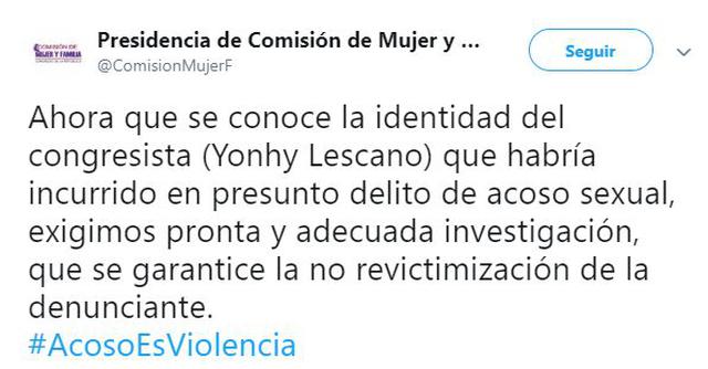 Comisión de la mujer del Congreso: "Exigimos pronta y adecuada investigación". (Foto: Captura)