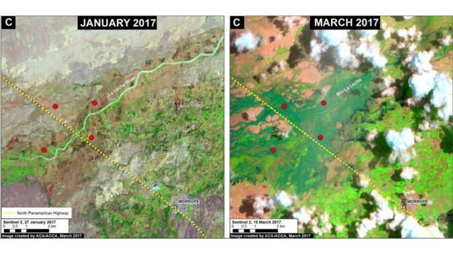 A la izquierda, vemos el cauce normal del río La Leche. De nuevo, en dos meses, observamos cómo se desbordó en la imagen de la derecha.