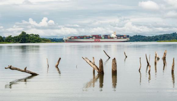 A container vessel navigates low water levls at Gatun Lake in Colon, Panama on Nov. 20, 2023.