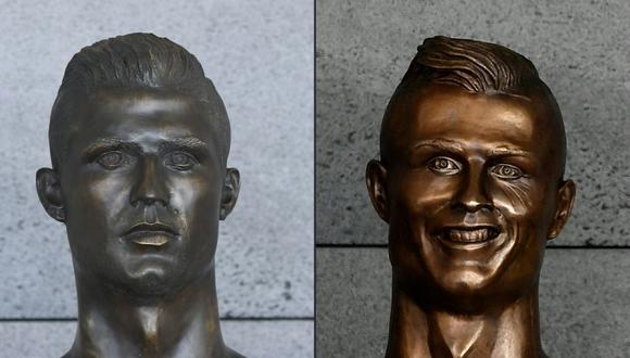 El nuevo busto de Cristiano Ronaldo (lado izquierdo) ahora se luce en el aeropuerto de Madeira. (Foto: AFP)