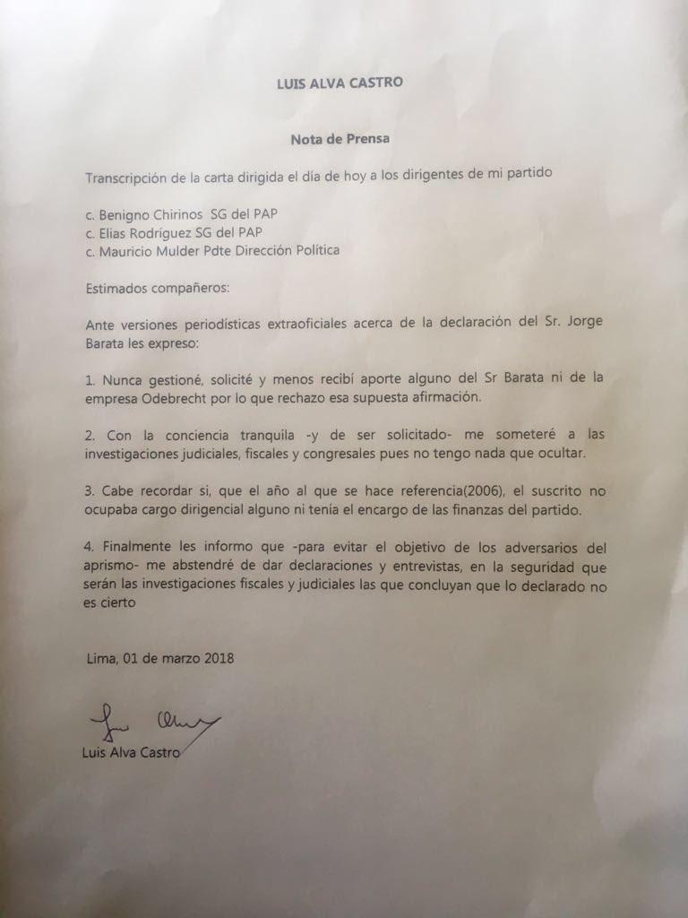 Luis Alva Castro emitió un comunicado.