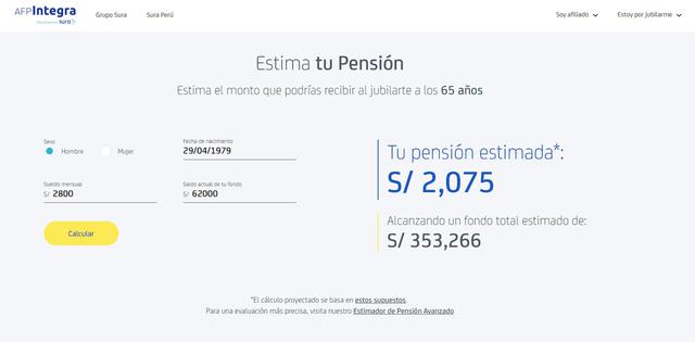 Una mujer que está por cumplir 40 años, con un ingreso de 2,800 y con un fondo actual de S/ 62,000; recibiría de pensión de S/ 2,031.