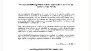 Municipalidad de Lima confirma que desalojarán a comerciantes de La Parada