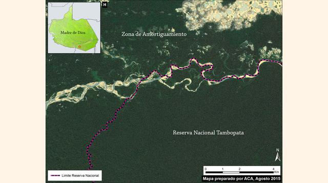 Este mapa ilustra cómo, hasta ahora, el límite de la Reserva Nacional Tambopata se mantiene como una buena defensa frente a la deforestación, de acuerdo a MAAP.