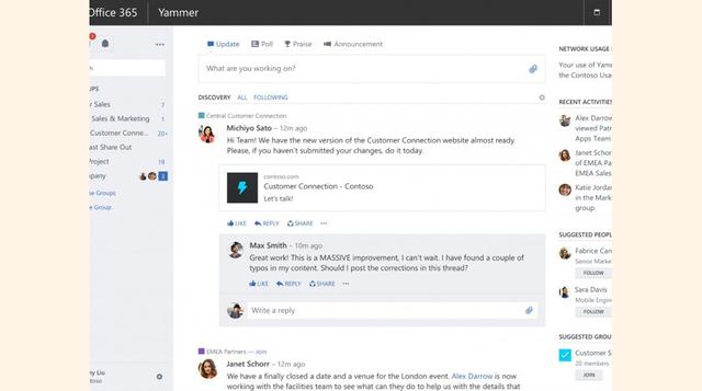 Yammer, una red social para los empleados en grupos de trabajo pueden chatear, enviar imágenes / vídeos / documentos y trabajar en documentos juntos.