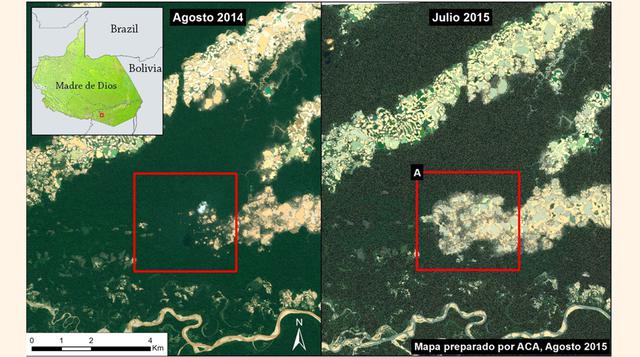 Las imágenes muestran la expansión de la deforestación ocasionada por la minería aurífera en La Pampa (Madre de Dios) entre agosto del 2014 (mapa de la izquierda) y julio del 2015 (derecha).