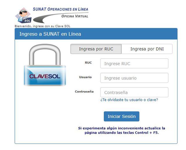 Para acceder a la plataforma correspondiente, las personas deberán consignar su RUC, usuario y clave sol. (Foto: Captura)