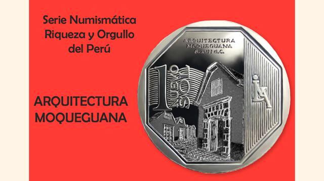 La moneda de un Nuevo Sol alusiva a 'Arquitectura Moqueguana' es la vigésimo primera de la Serie Numismática. En el reverso se observa una composición de unas casas con techo de mojinete, característica típica de la arquitectura moqueguana.