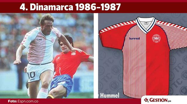 Dinamarca participó en el Mundial de México '86 con esta camiseta, mitad a rayas y mitad plana.