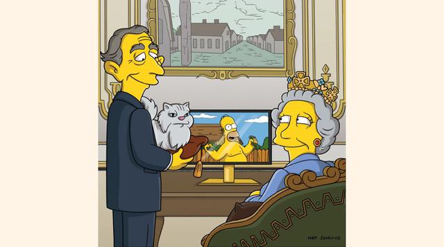 La reina Elizabeth junto al príncipe Carlos viendo a modo de reality la ciudad de Springfield en su tv. (Foto: imdb)