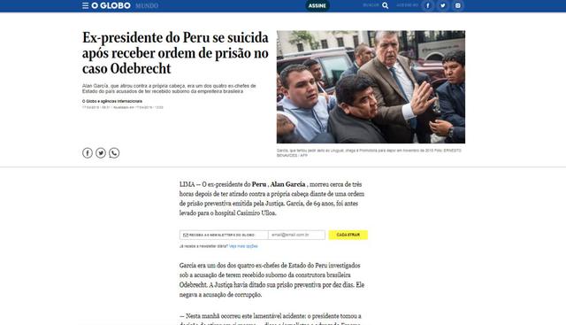 Alan García falleció este miércoles en el hospital Casimiro Ulloa. (Captura: O'Globo - Brasil)