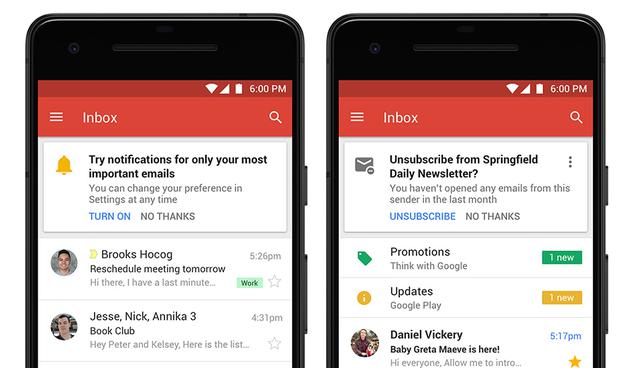 FOTO 4 | 4. Notificaciones importantes. Las nuevas funcionalidades en dispositivos móviles, como las notificaciones de alta prioridad, pueden avisarte sobre mensajes importantes para ayudar a mantenerte enfocado sin interrupciones. Además, Gmail comenzará a sugerir cuándo cancelar tu suscripción a boletines u ofertas que ya no te interesan. El sistema también sugerirá cancelar suscripciones a newsletters u ofertas que considere que al usuario no le interesan en función de su actividad en Gmail.