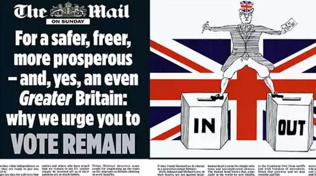 The Mail on Sunday. A favor de la UE. La edición dominical del tabloide apoya seguir en la UE "en nombre de un Reino Unido más seguro, libre y próspero" y contra el "salto al vacío" que podría empobrecer al país. "Para que una Gra