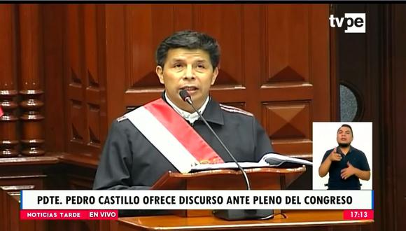 El presidente Pedro Castillo brinda un discurso ante el Parlamento.  | Captura: TV Perú