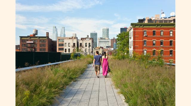 High Line (Nueva York). Quizás trampeamos un poco con esta "calle", pero vamos a echarle morro: High Line es, en realidad, un parque, un jardín urbano que vertebra varios kilómetros de Nueva York entre pasarelas de madera, bancos y flora autócto