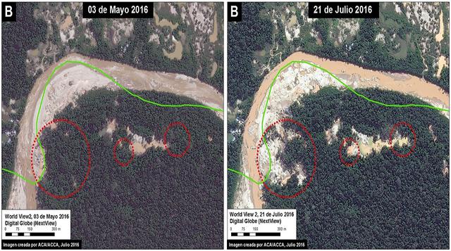 Zoom B. La imagen muestra la deforestación entre el 03 de mayo (panel izquierdo) y el 21 de julio (panel derecho) de 2016. Los círculos rojos indican las zonas de nueva deforestación entre las fechas de cada imagen.