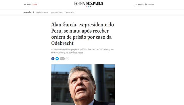 Alan García falleció este miércoles en el hospital Casimiro Ulloa. (Captura: Folha de S. Paulo - Brasil)