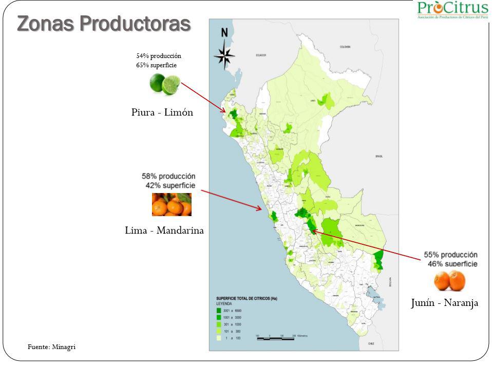 Las principales zonas productoras de cítricos del país. (Fuente: Minagri / Elaboración: Procitrus)