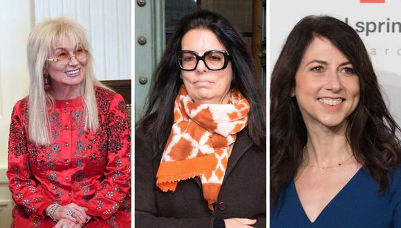 Composición gráfica de Francoise Bettencourt Meyes, Mackenzie Scott y Miriam Adelson, tres de las diez mujeres más ricas del mundo. (Foto: Composición con imágenes de AFP)