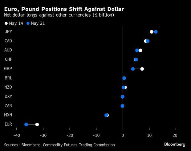 Changes in the positions of the euro and the pound against the dollar  Net long positions in dollars against other currencies (billions of dollars)