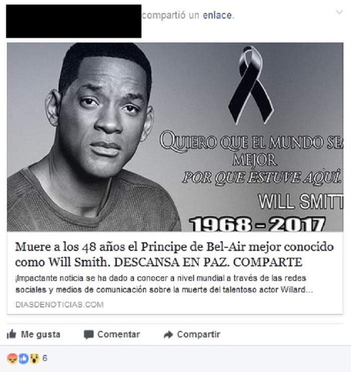 Las famosas 'Fake News' de Facebook pueden guiar a enlaces maliciosos y otros métodos de estafa. Will Smith está vivo (Foto: Facebook)