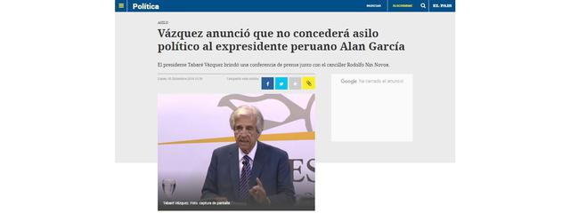 "Vásquez anunció que no concederá asilo político al ex presidente peruano Alan García" tituló el diario uruguayo El País. (Captura: El País de Uruguay)