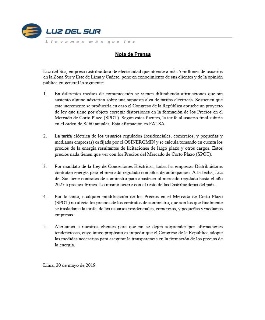 Comunicado de Luz del Sur.