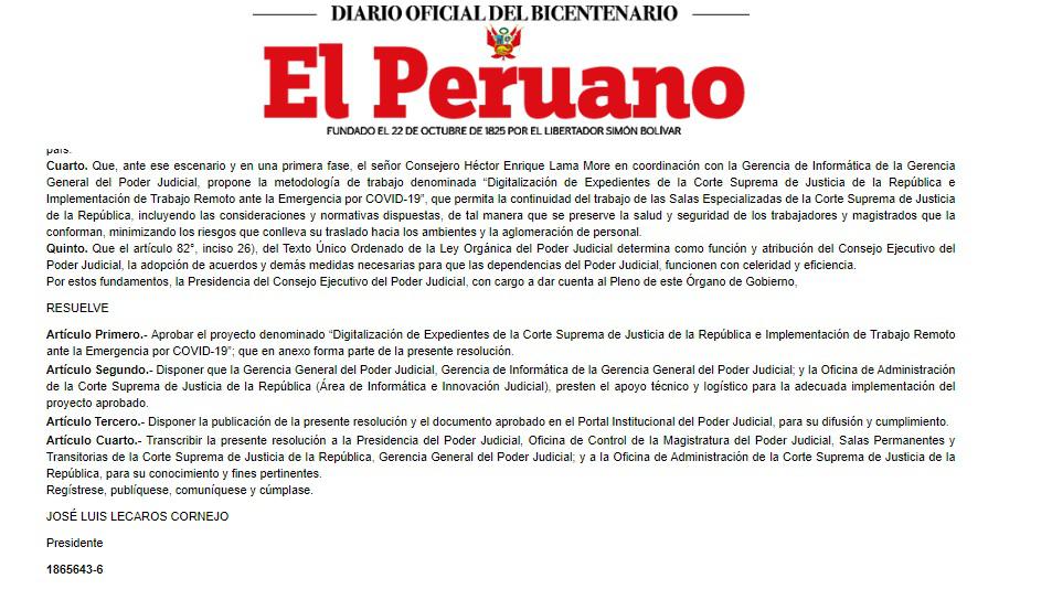 La resolución de la Corte Suprema de Justicia fue publicada este miércoles en el boletín de Normas Legales.
