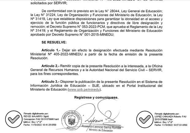 Resolución que da por concluida la designación de María Tarazona como directora del Pronabec. (Foto: Minedu)