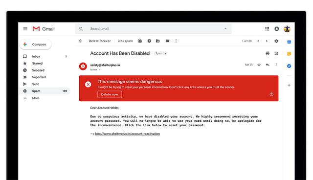 FOTO 1 | 1. Nuevas Alertas. Con la nueva versión de Gmail se habilitaron las advertencias que alertan al usuario cuando aparece un correo que se considera potencialmente riesgoso.
