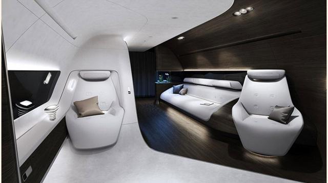 El avión cuenta con pisos de madera, sofás envolventes de felpa, butacas con cuero reciclado y una cama tamaño king.