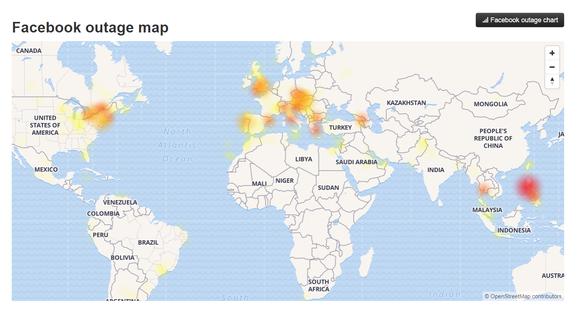 El mapa de la web DownDetector muestra los países con mayor cantidad de reportes sobre las fallas de Facebook. (Captura: DownDetector)