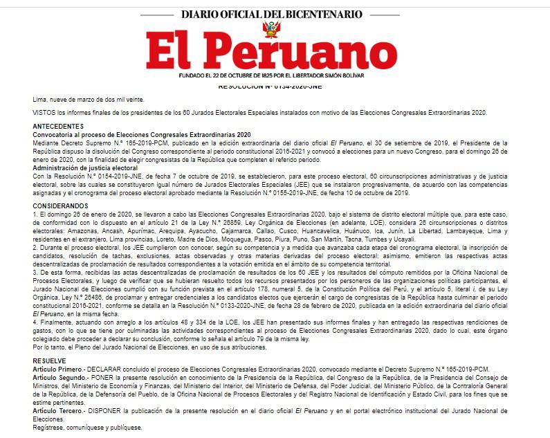 Resolución del Jurado Nacional de Elecciones publicada este martes en 'El Peruano'.