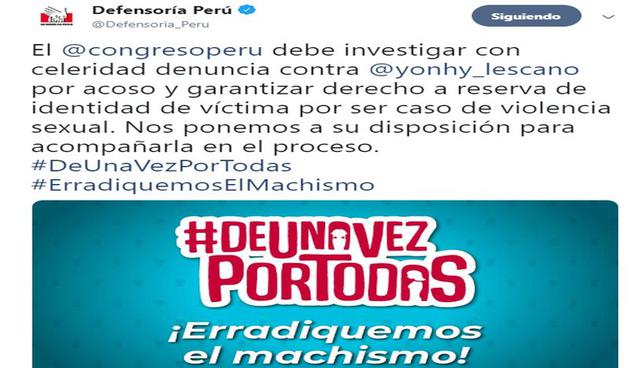 Defensoría del Pueblo: "El congreso debe investigar con celeridad la denuncia contra Yonhy Lescano". (Foto: Captura)
