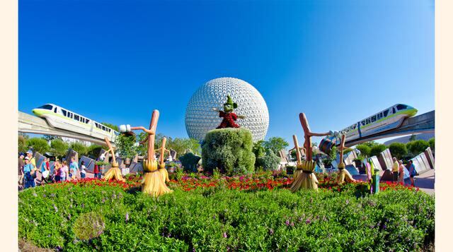 Epcot en Walt Disney World, Florida, Estados Unidos. Fue el segundo parque que abrió sus puertas en Disney World después de Magic Kingdom. Está dedicado a la cultura internacional y a la innovación tecnológica, por ello está divido en dos secciones: Futur